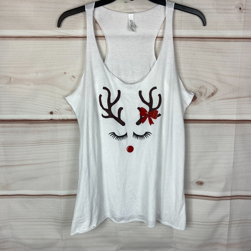 Bella Canvas Top Womens Large‎ White Deer Doe Eyelash Graphic Tank Sleeveless
